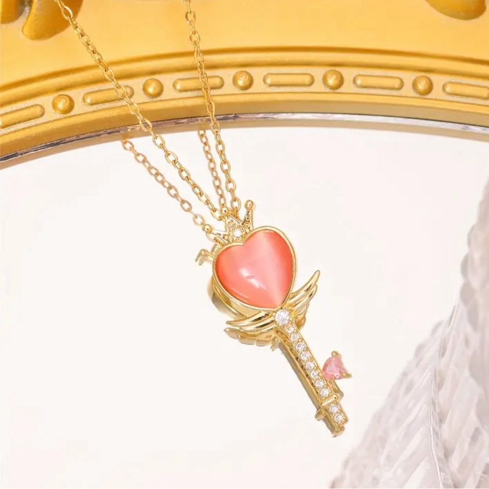 18K Gold Heart Key Pendant Necklace with Pink Cat Eye Stone & Rhinestones.